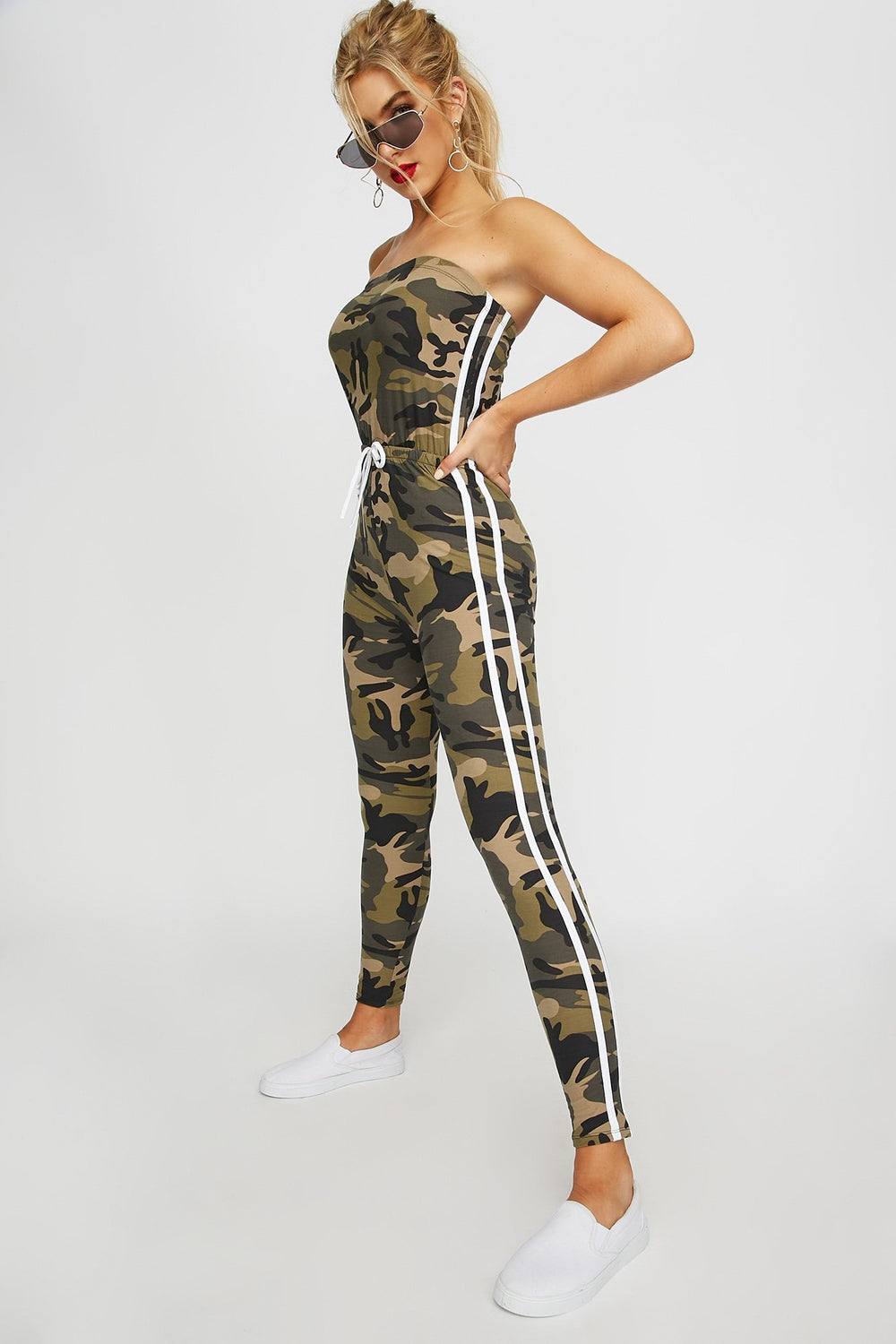 Women Strapless Side Stripe Camo Drawstring Jumpsuit Camouflage