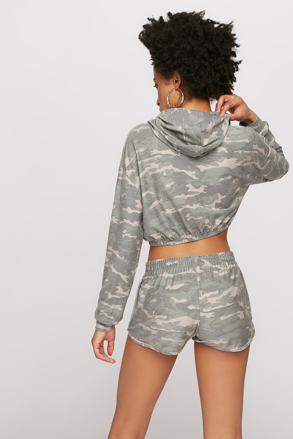 Women Cropped Drawstring Popover Hoodie Camouflage