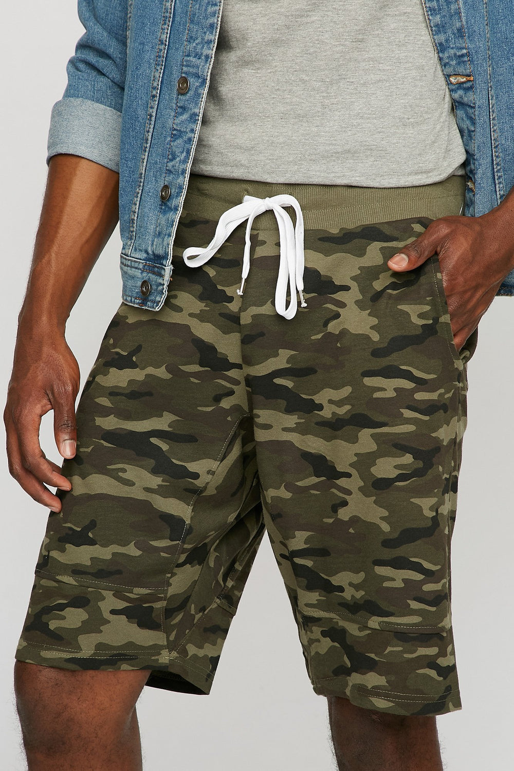 Men Slim Fleece Ribbed Drawstring Jogger Short Camouflage