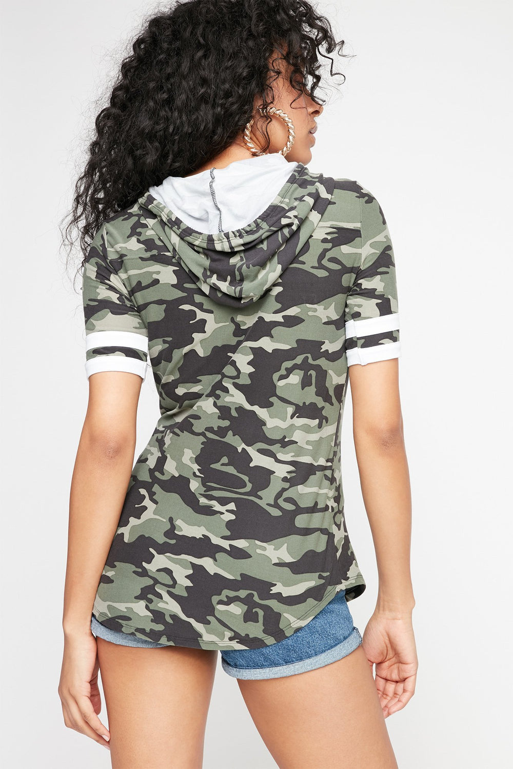 Women Varsity Striped Dolphin Hem Graphic Hooded Drawstring T-Shirt Camouflage