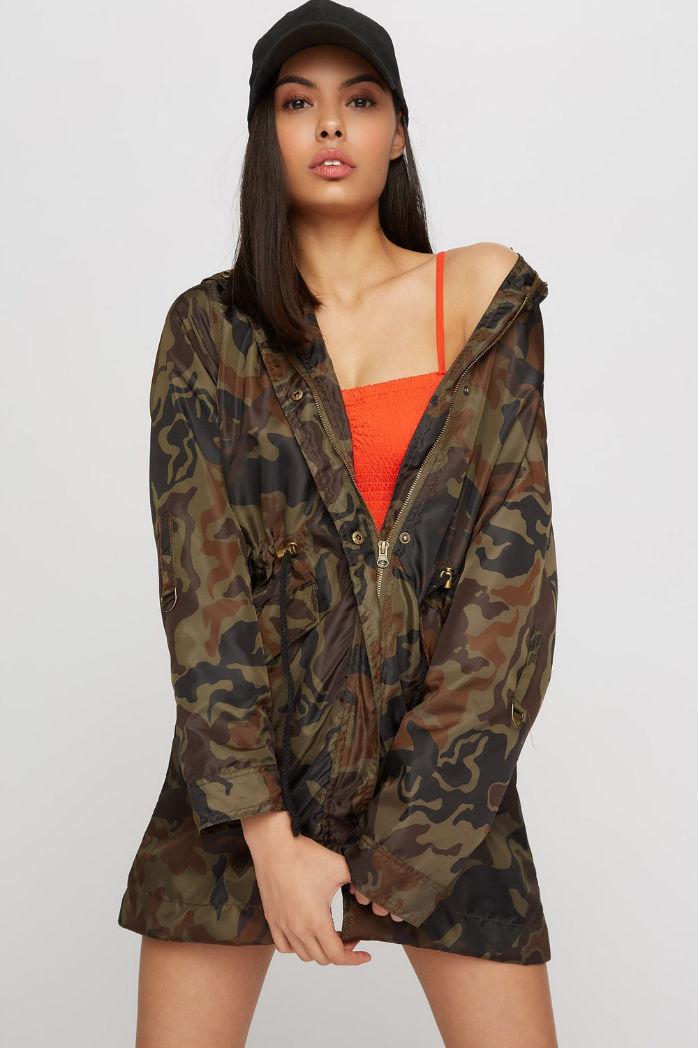 Women Coupe-vent long à motif camouflage et taille coulissante Camouflé