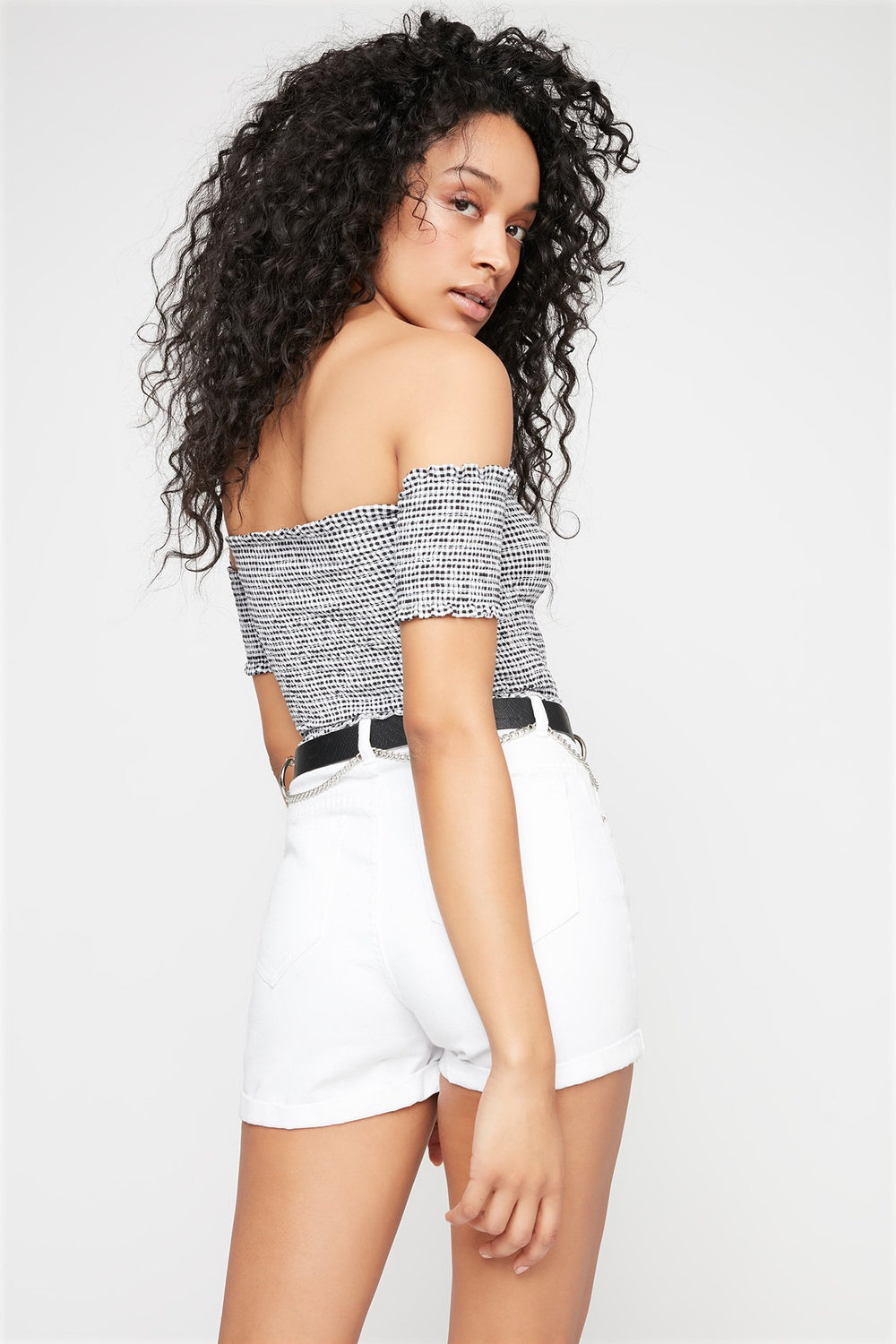 Women Blouse courte smockée et fleurie à épaules dénudées Carreaux