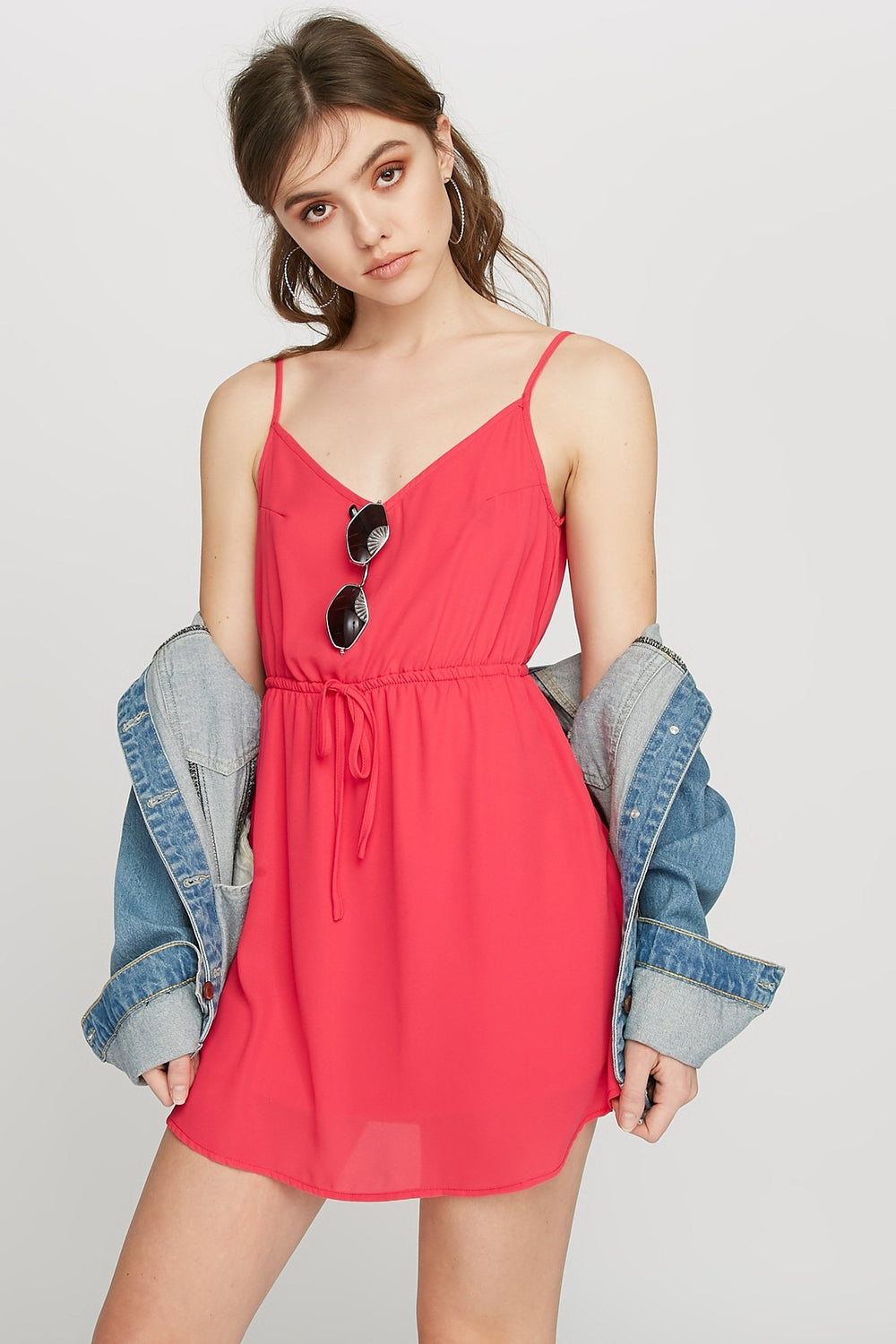 Women Robe-camisole à taille coulissante Cerise