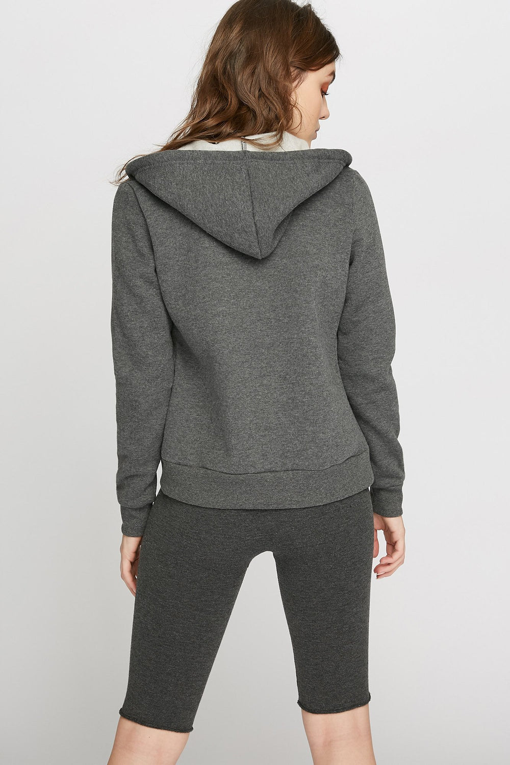Women Basic Zip-Up Drawstring Hoodie Charcoal