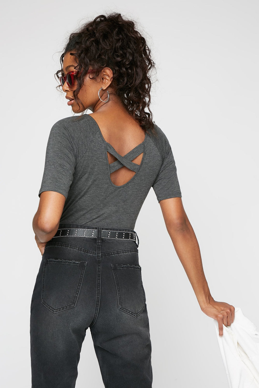 Women Cross-Back Scoop Neck T-Shirt Charcoal