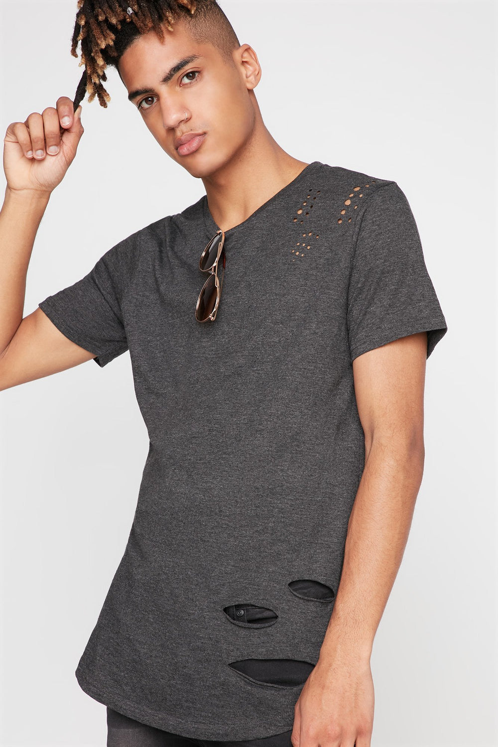 Men Distressed Crewneck T-Shirt Charcoal