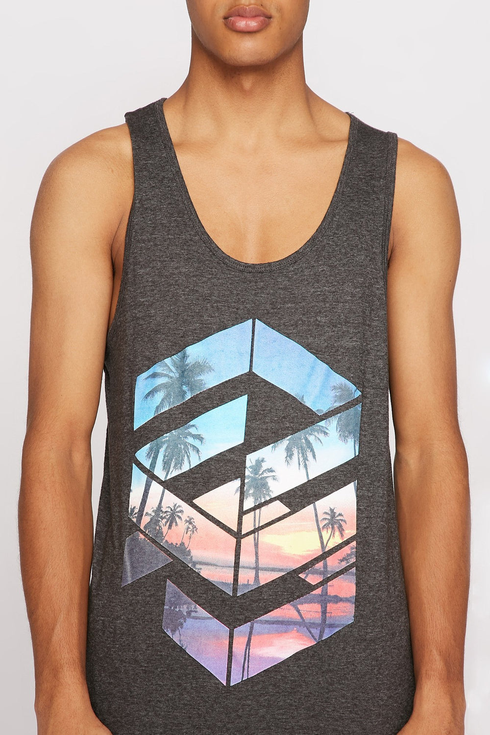 Men Geometric Palm Tree Graphic Tank Charcoal