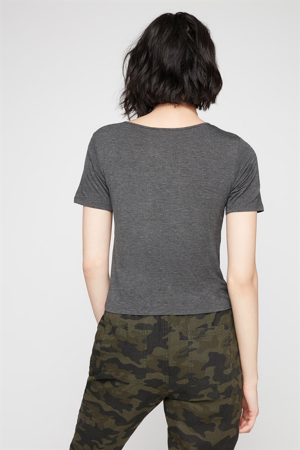 Women Lightweight Caged Neck T-Shirt Charcoal