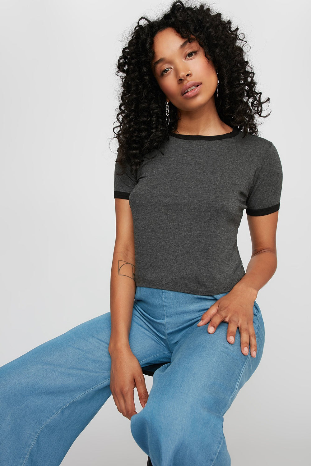 Women Lightweight Coloured Ringer T-Shirt Charcoal