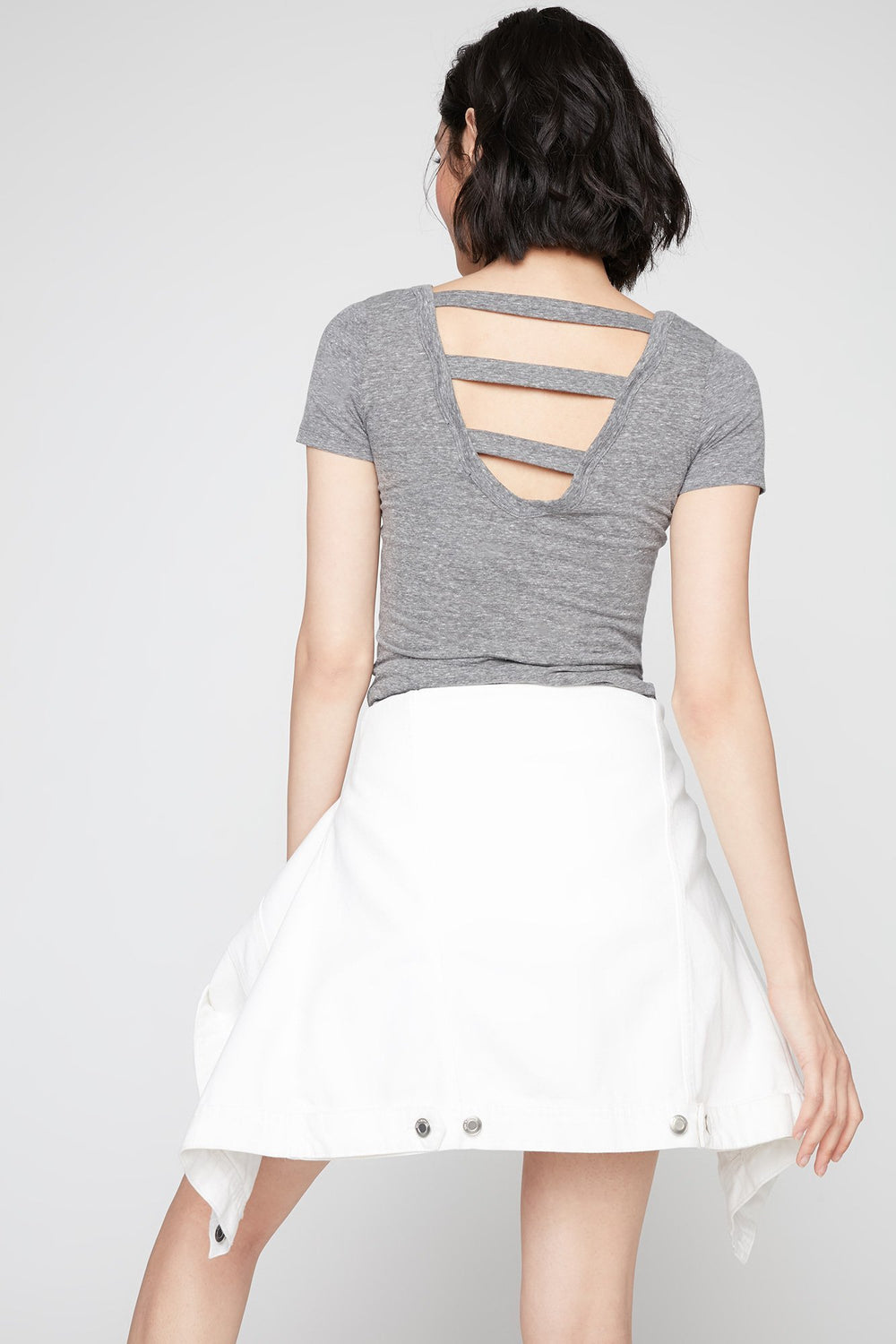 Women Open-Back Caged Lightweight T-Shirt Charcoal