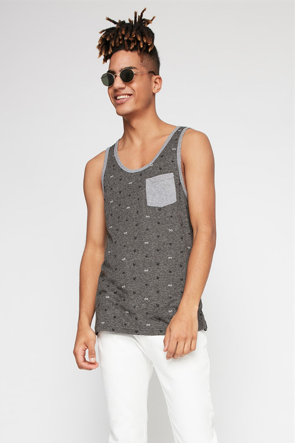 Men Printed Contrast Trim Pocket Tank Charcoal