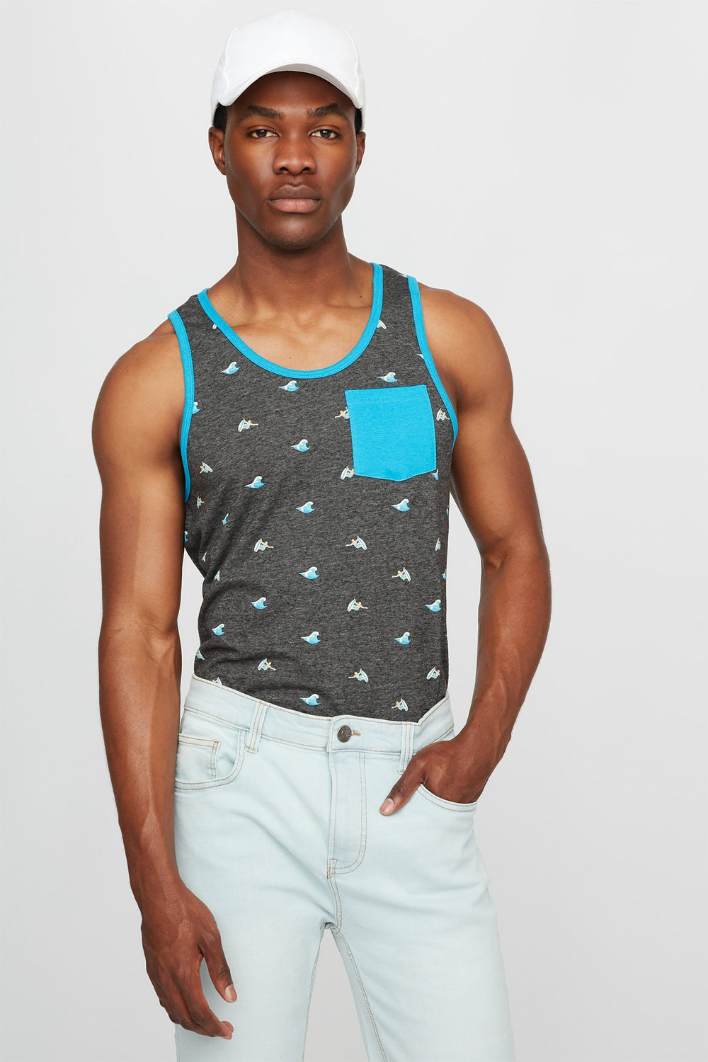 Men Printed Ringer Graphic Tank Charcoal