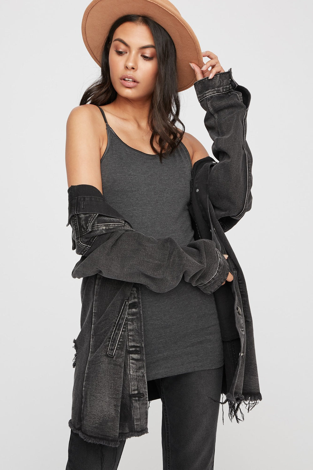 Women Scoop Neck Longline Basic Camisole Charcoal