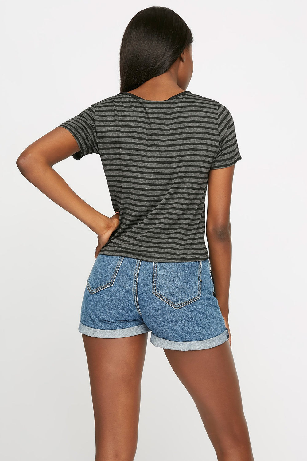 Women Striped Crisscross Lightweight T-Shirt Charcoal