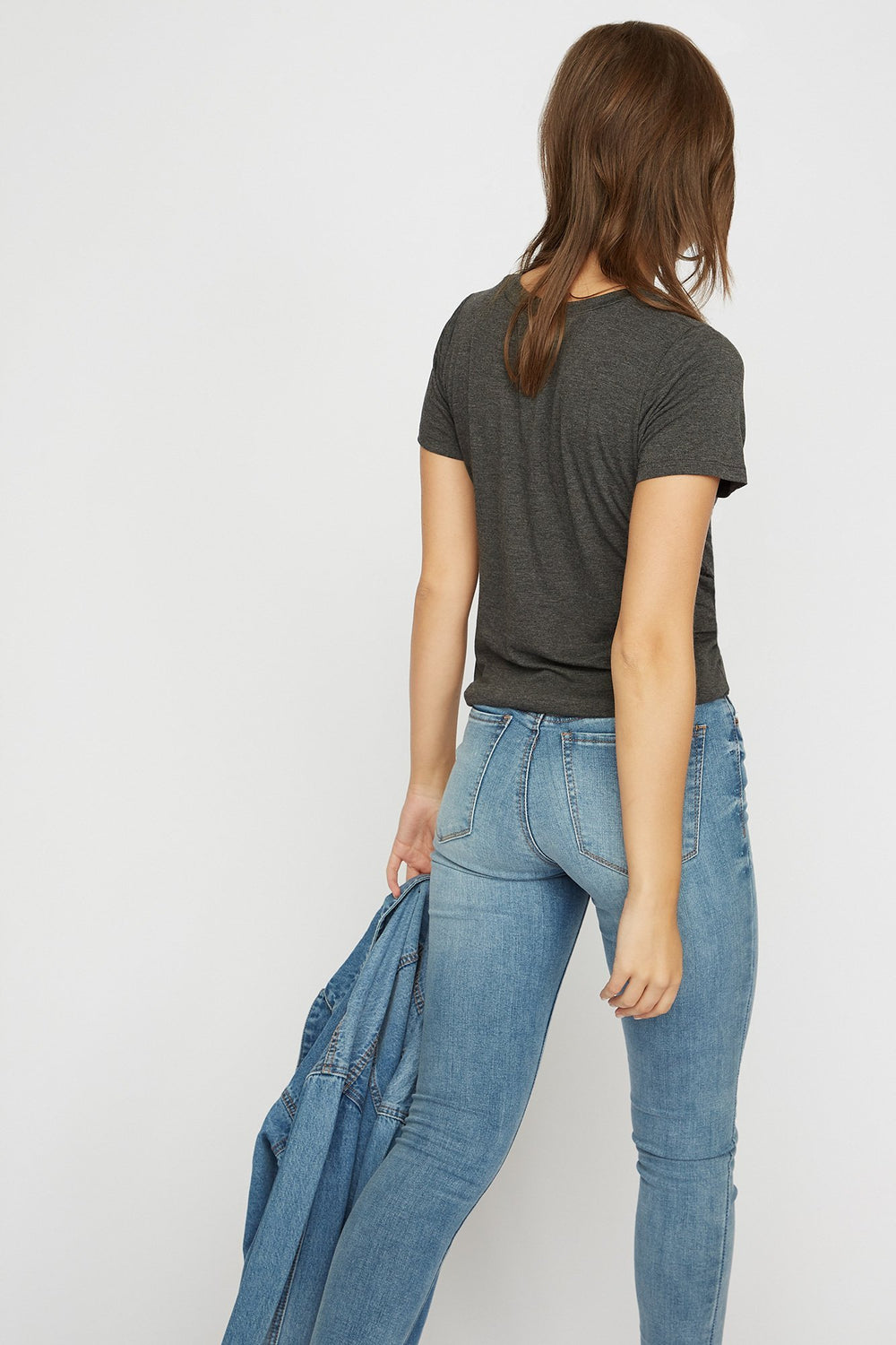 Women V-Neck Choker T-Shirt Charcoal