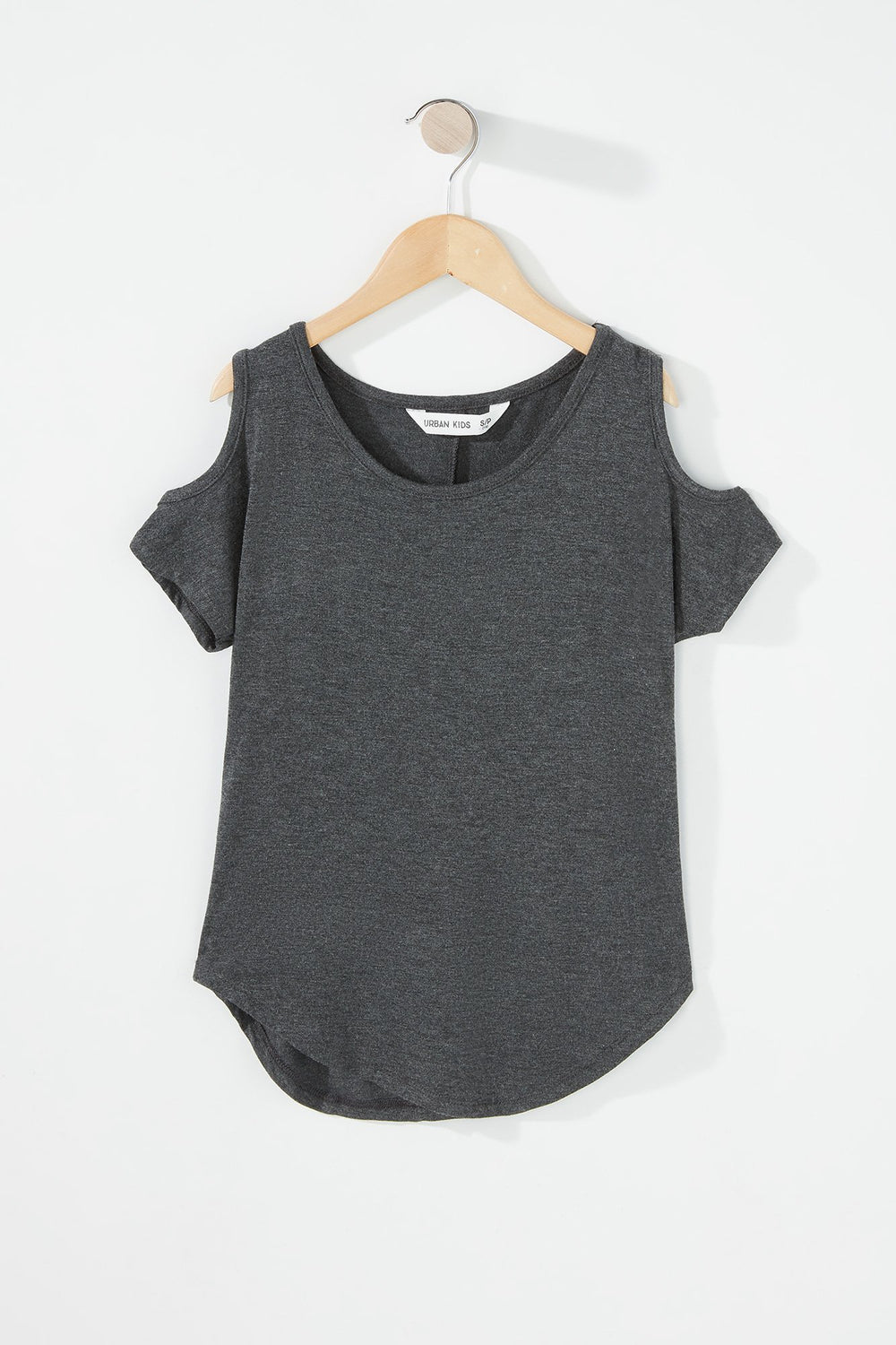 Kids Girls Cold Shoulder Dolphin Hem T-Shirt Charcoal