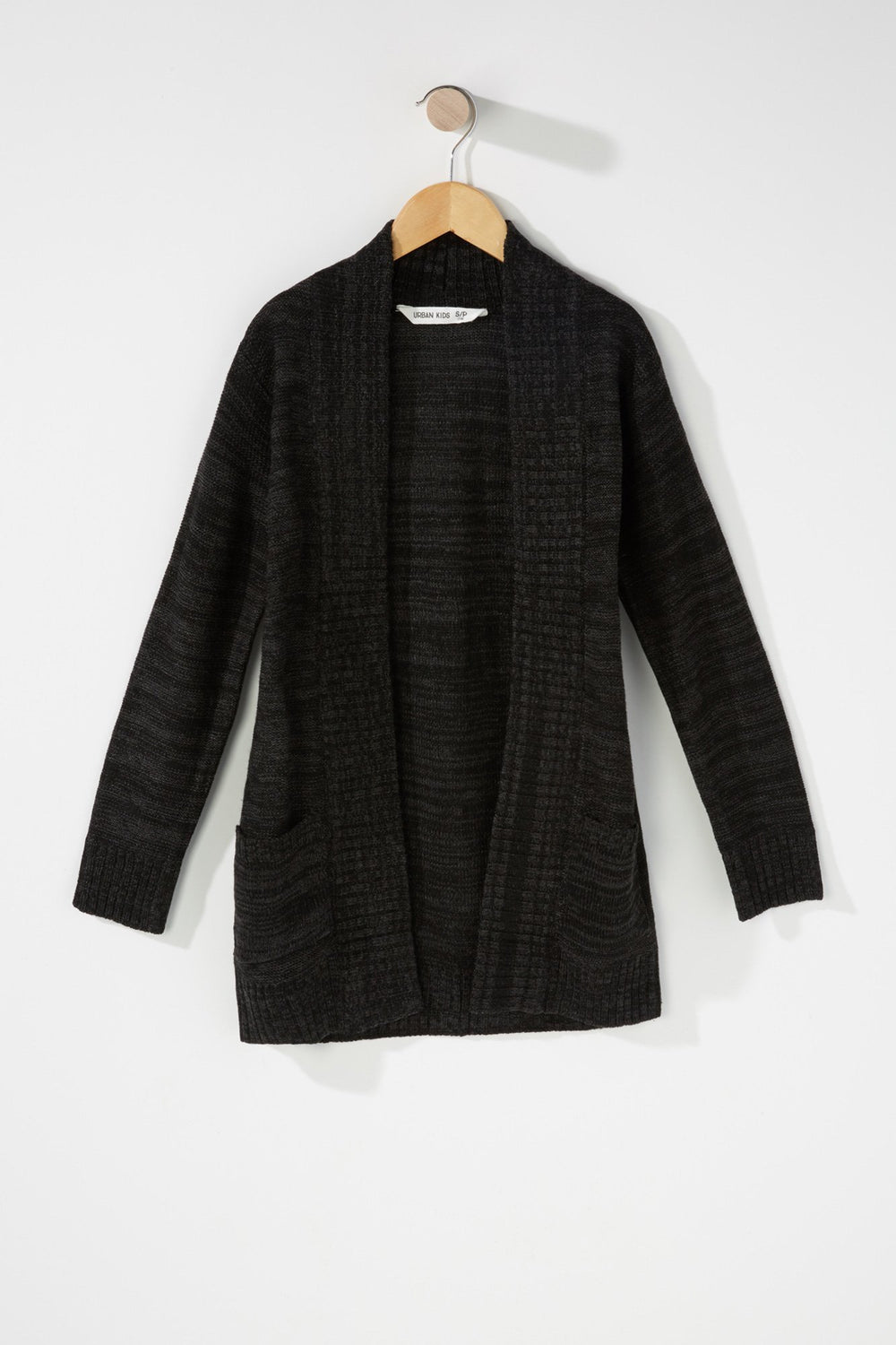 Kids Girls Knit Open-Front Pocket Cardigan Charcoal