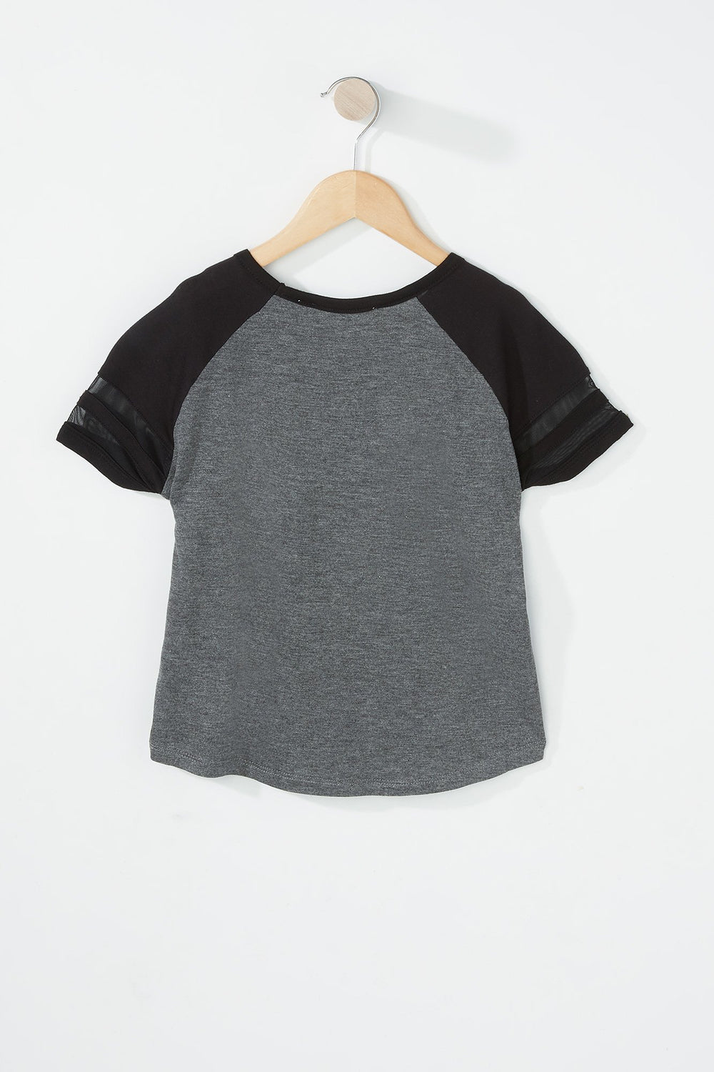 Kids Girls Mesh Varsity Striped Pocket T-Shirt Charcoal