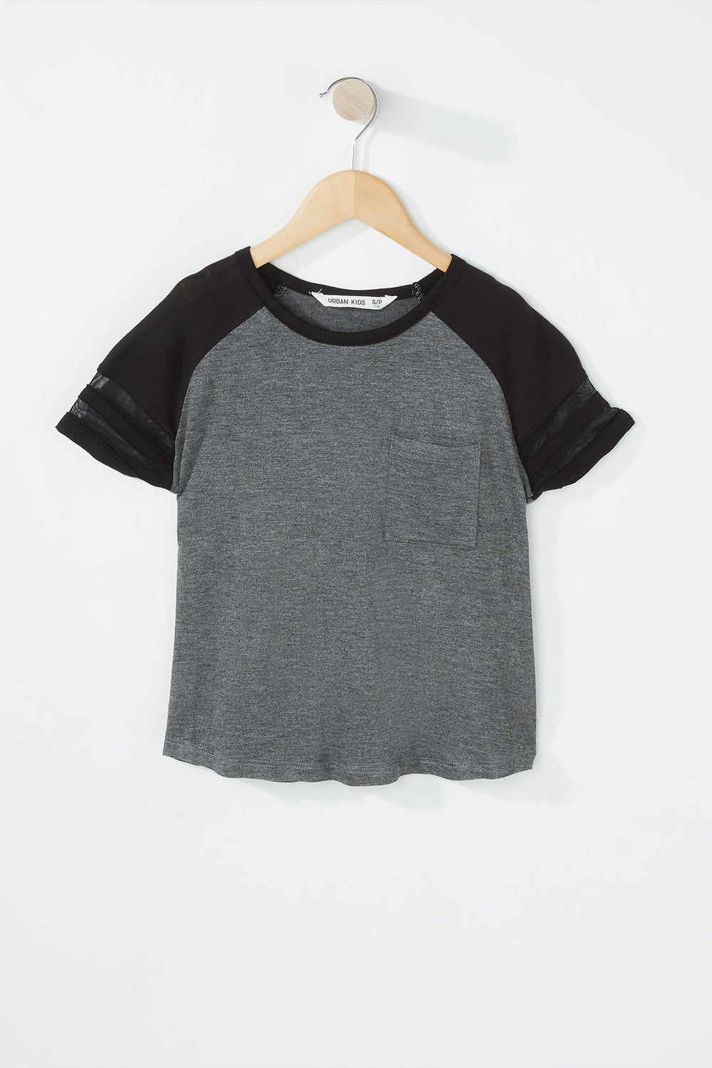 Kids Girls Mesh Varsity Striped Pocket T-Shirt Charcoal