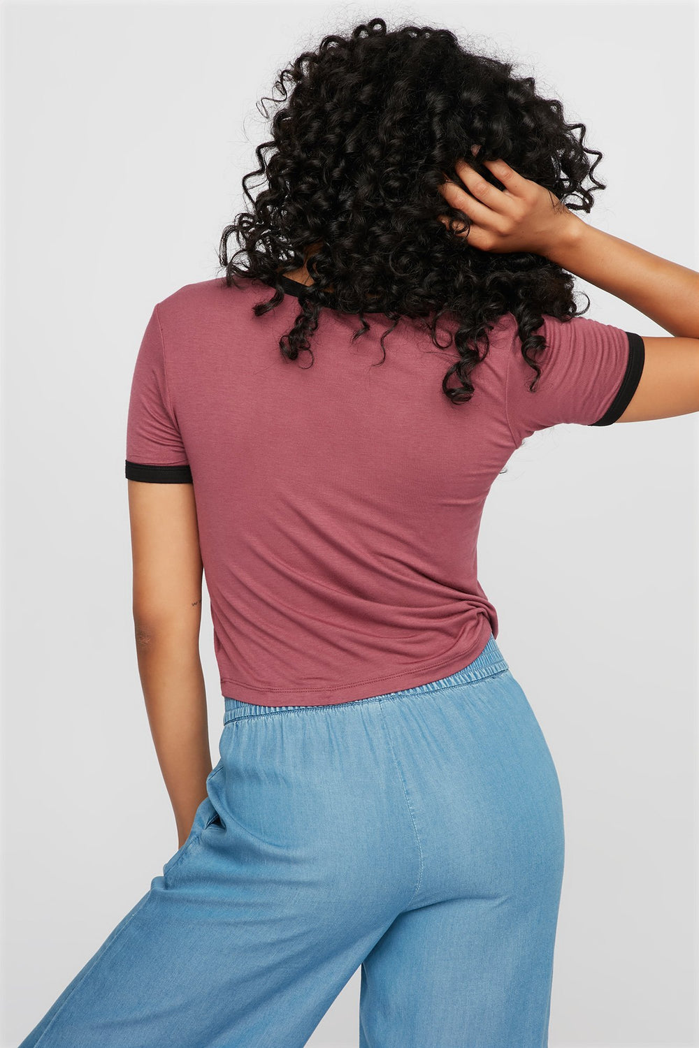 Women Lightweight Coloured Ringer T-Shirt Cherry