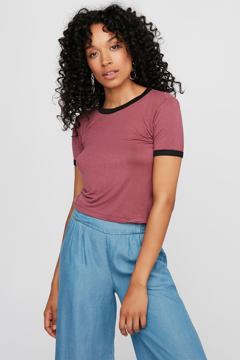 Women Lightweight Coloured Ringer T-Shirt Cherry