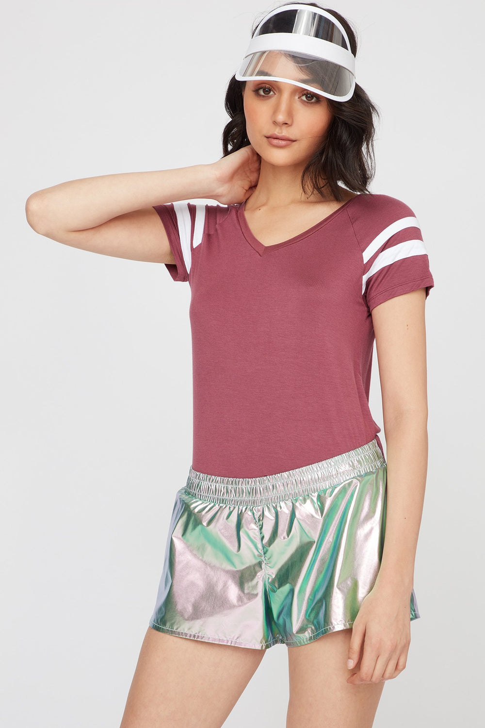 Women V-Neck Varsity Striped T-Shirt Cherry