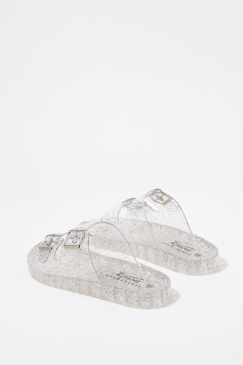 Women Mules en gel scintillant avec boucle double Clair
