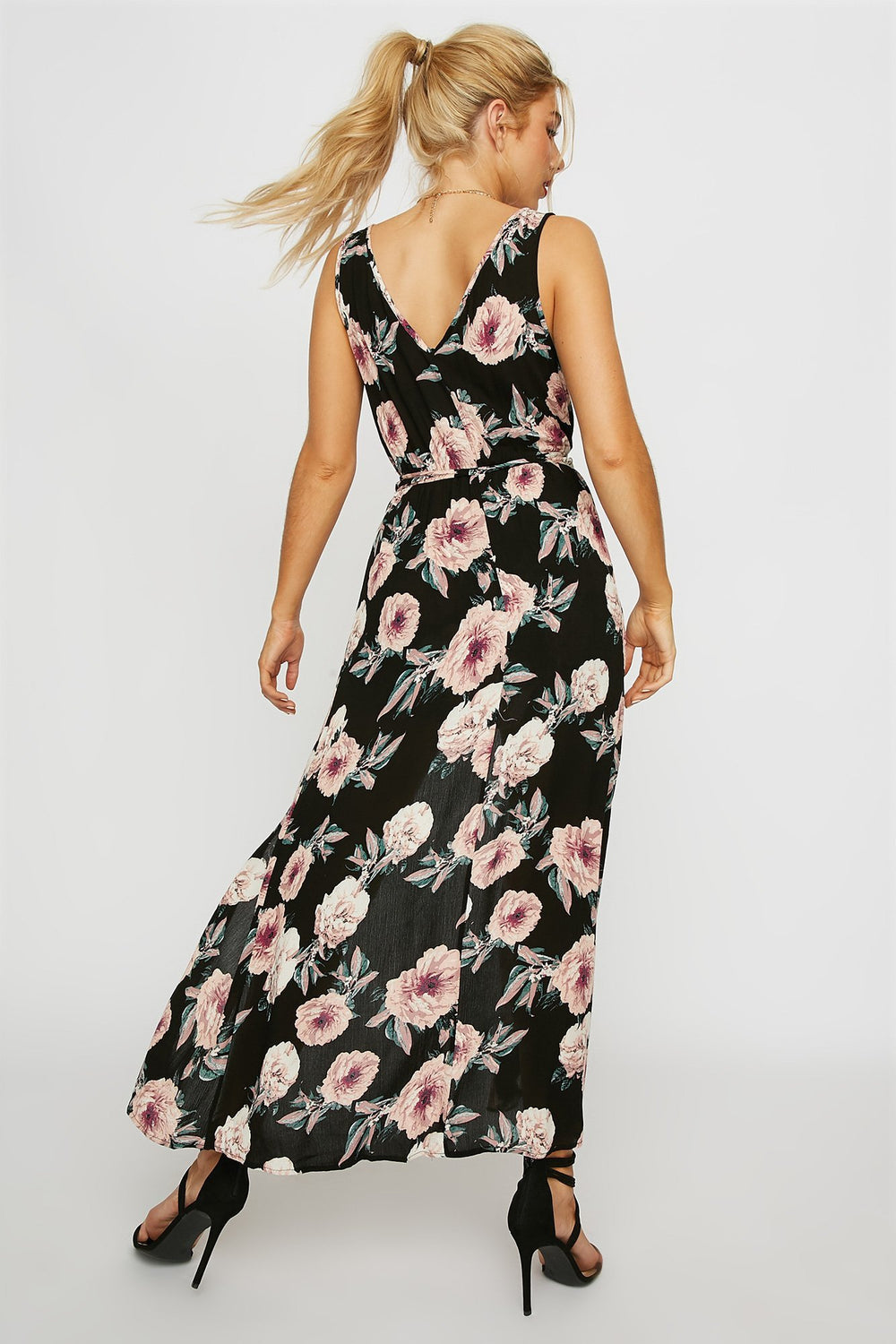 Women V-Neck Floral Belted Walkthrough Romper Clear