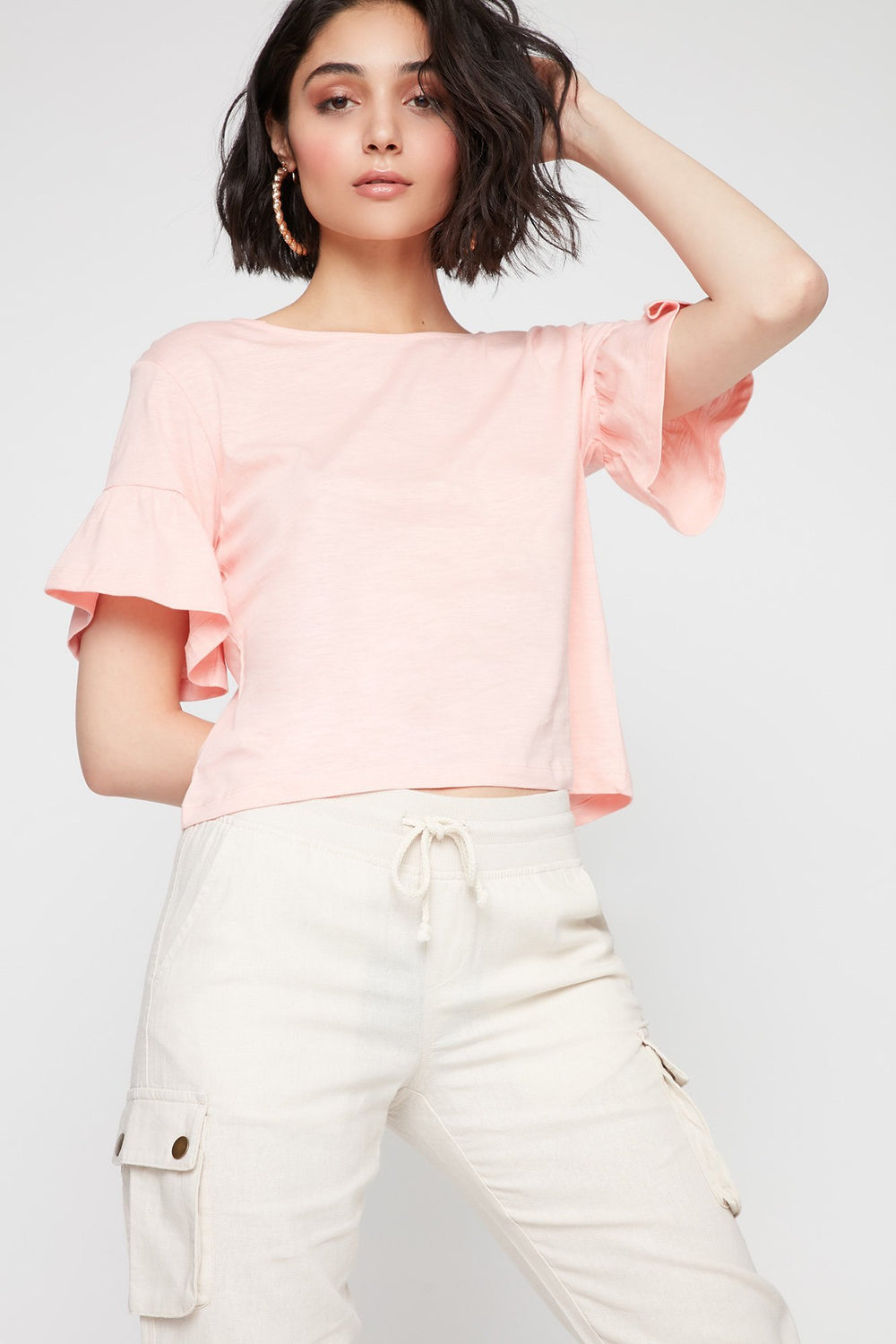 Women T-shirt à manches évasées volantées Corail