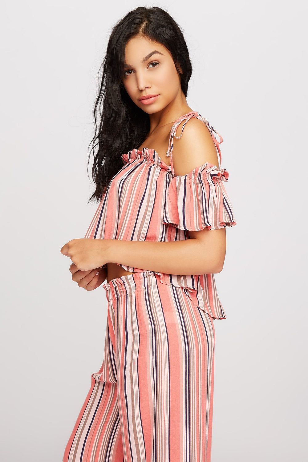 Women Blouse volantée rayée à épaules dénudées avec attache Corail