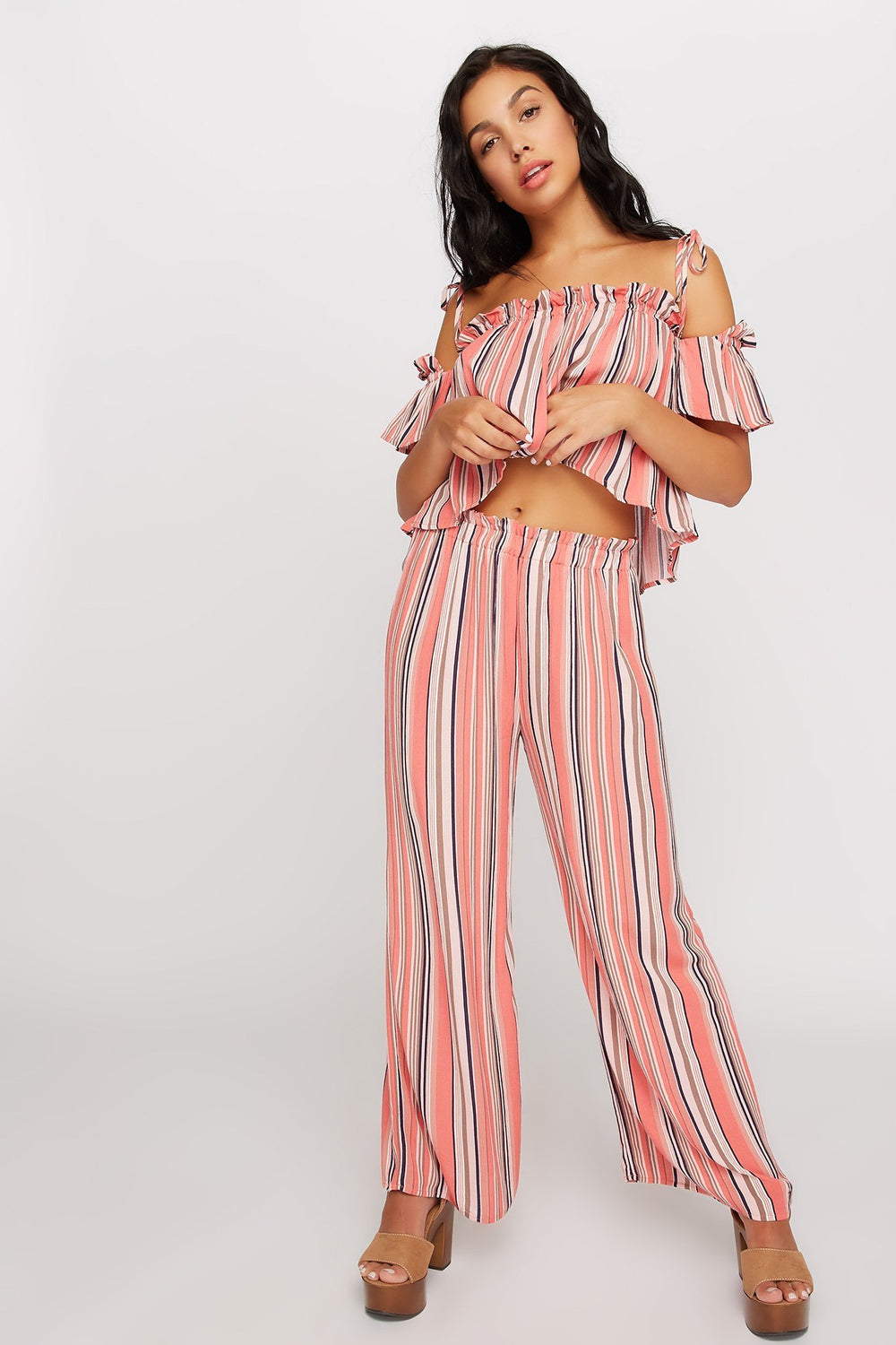 Women Pantalon à enfiler volanté rayé à jambe large Corail