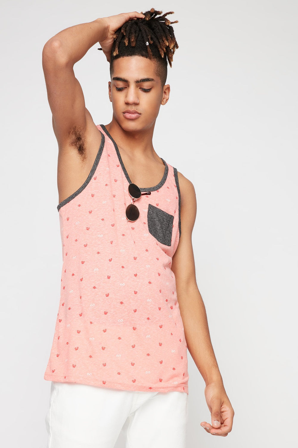 Men Printed Contrast Trim Pocket Tank Coral