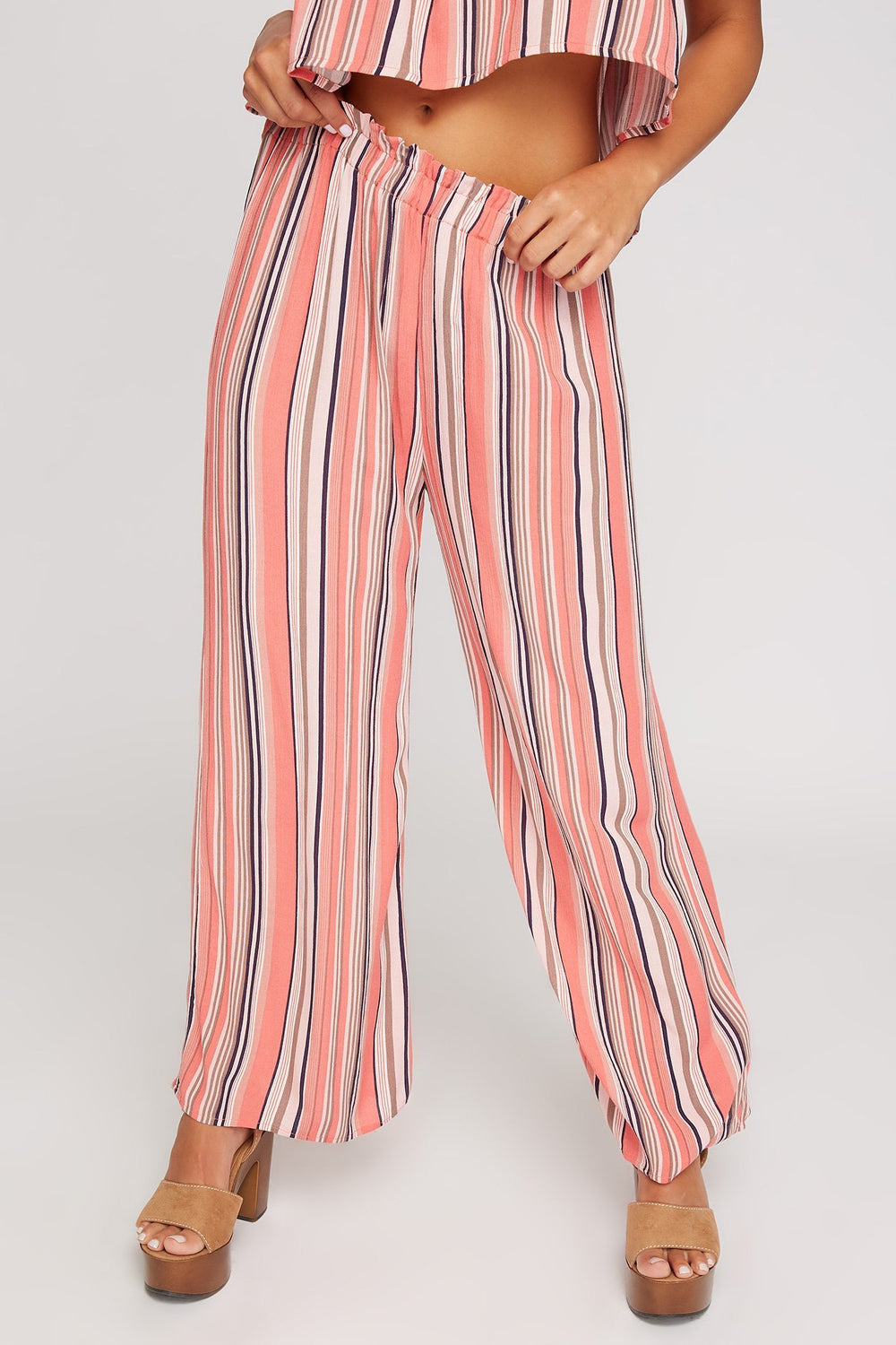 Women Ruffle Pull-On Striped Wide-Leg Pant Coral