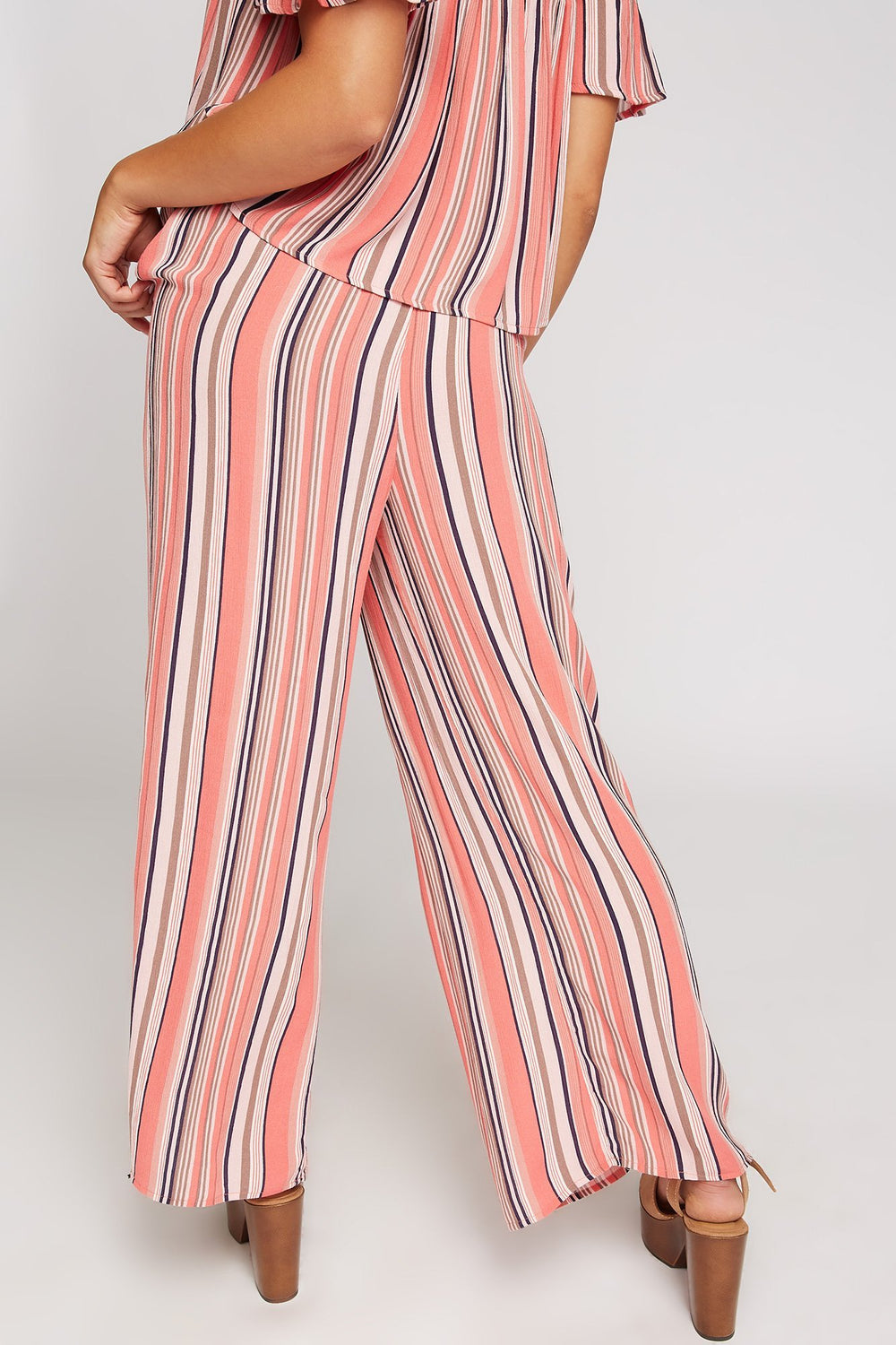 Women Ruffle Pull-On Striped Wide-Leg Pant Coral