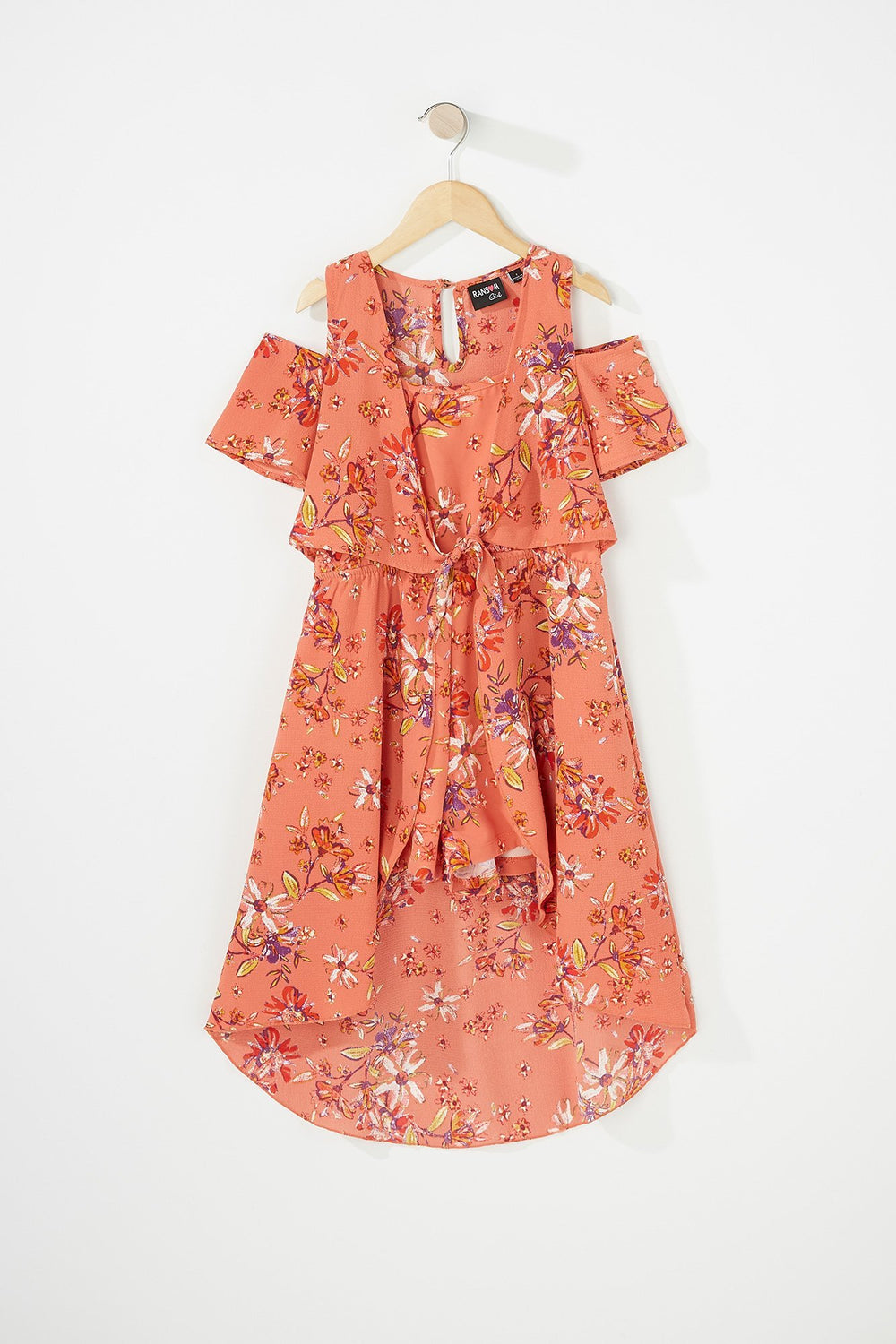 Kids Girls Cold Shoulder Floral Self-Tie Walkthrough Romper Coral