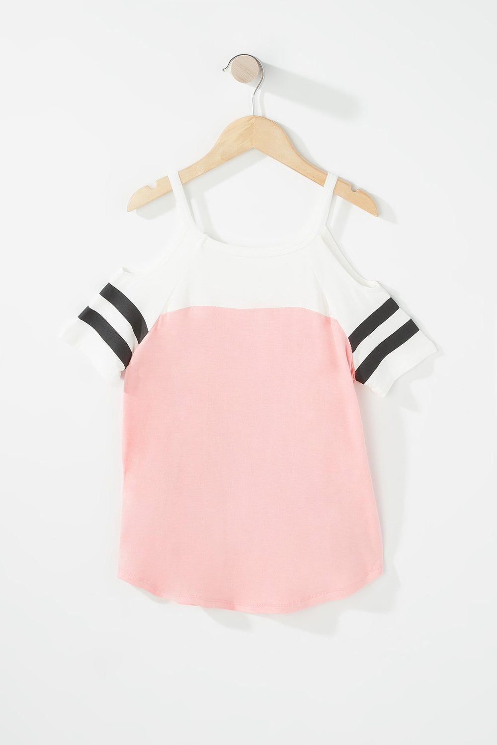 Kids Girls Cold Shoulder Varsity Striped Graphic T-Shirt Coral