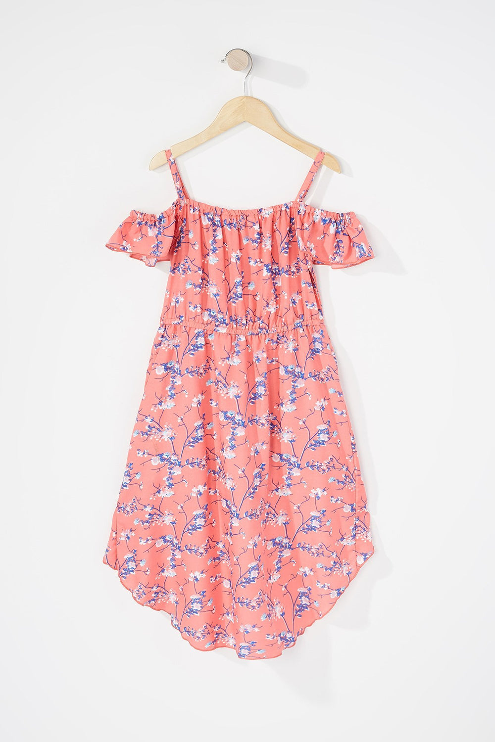 Kids Girls Cold Shoulder Walkthrough Floral Romper Coral