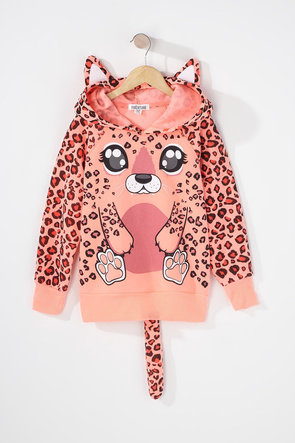 Kids Girls Coral Cheetah Character Popover Hoodie Coral