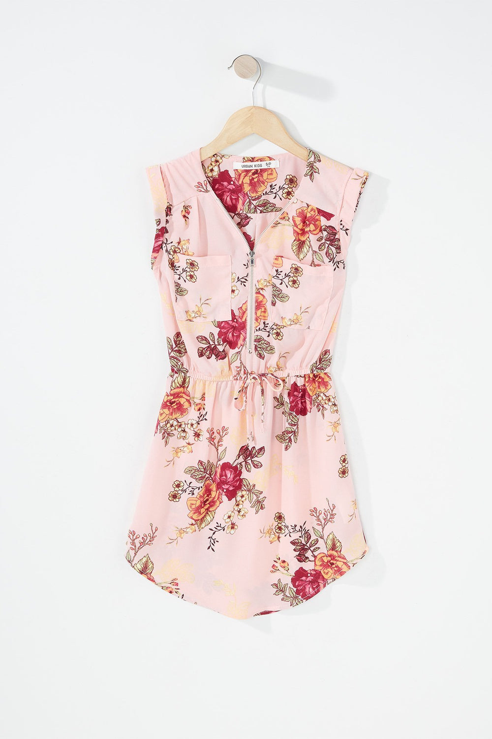 Kids Girls Half-Zip Floral Drawstring Dolphin Hem Dress Coral
