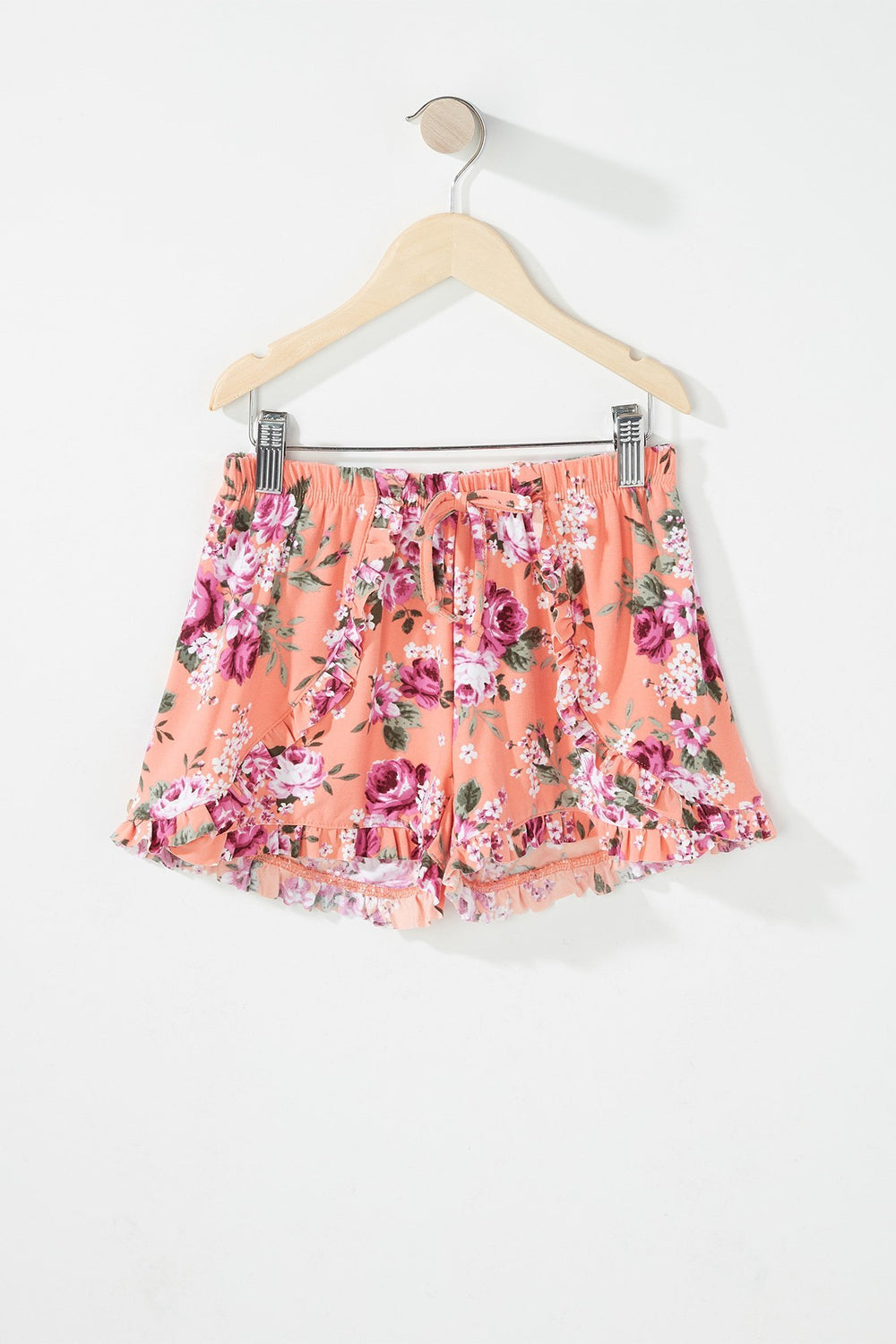 Kids Girls Ruffle Floral Drawstring Tulip Short Coral