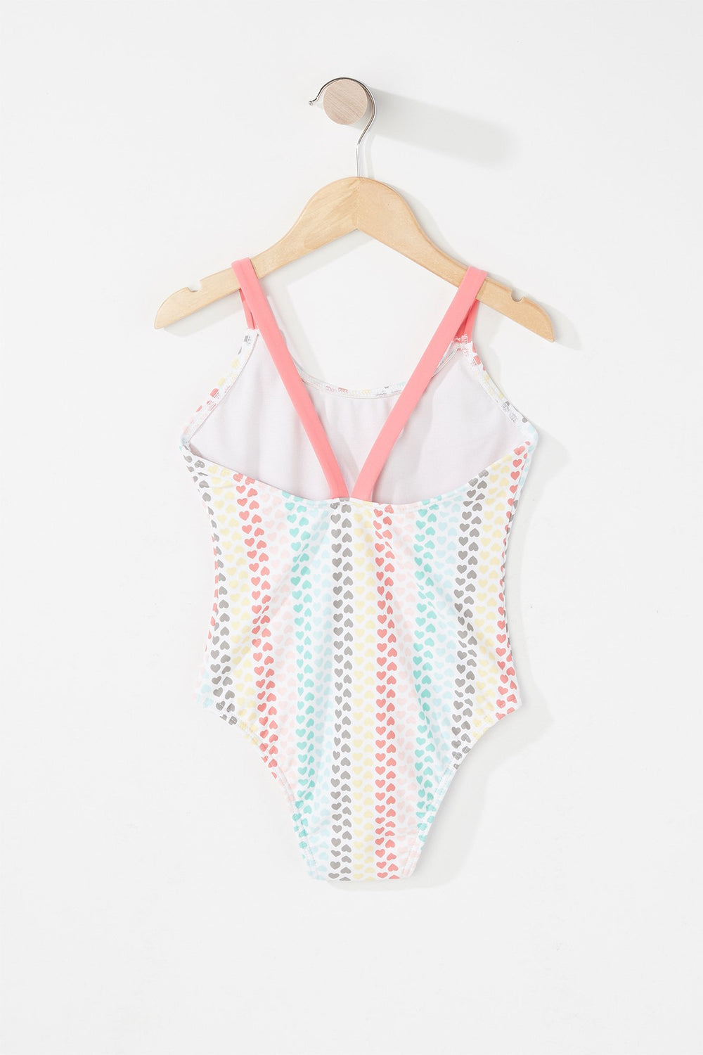 Kids Girls Striped Heart Graphic One-Piece Swimsuit Coral