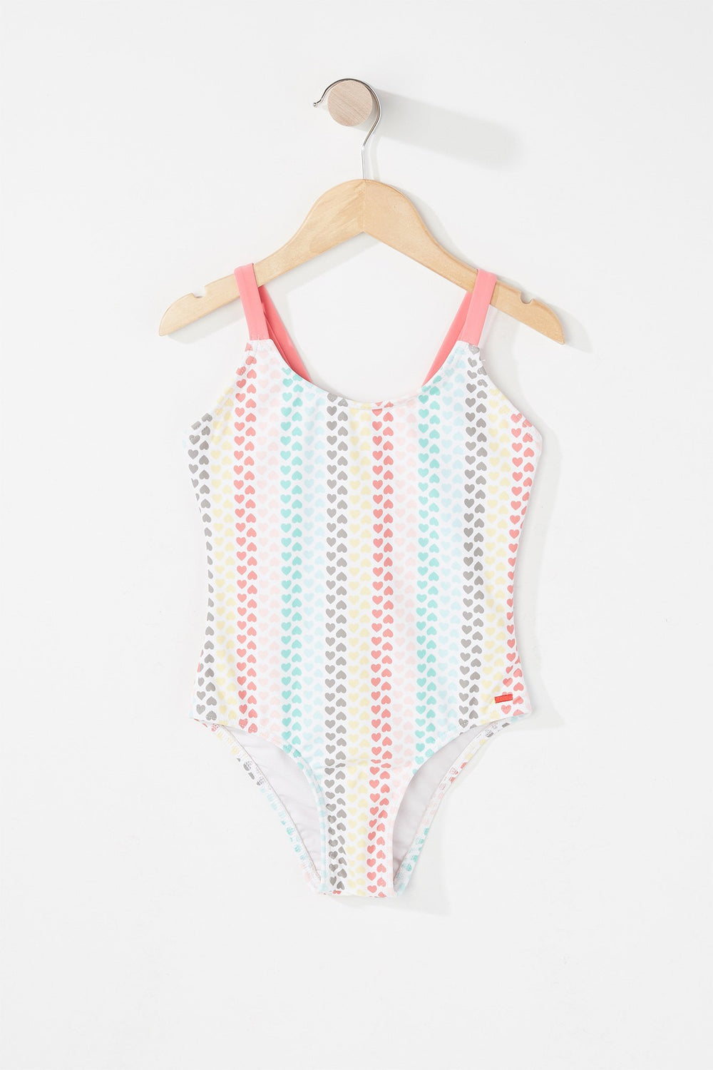 Kids Girls Striped Heart Graphic One-Piece Swimsuit Coral