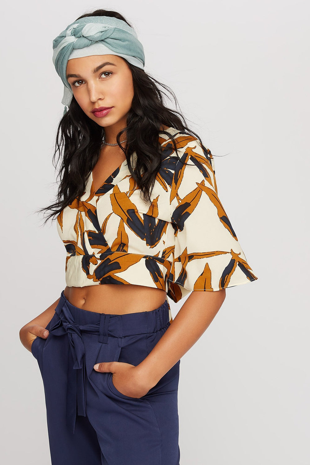 Women Printed V-Neck Back-Tie Bell Sleeve Blouse Cream