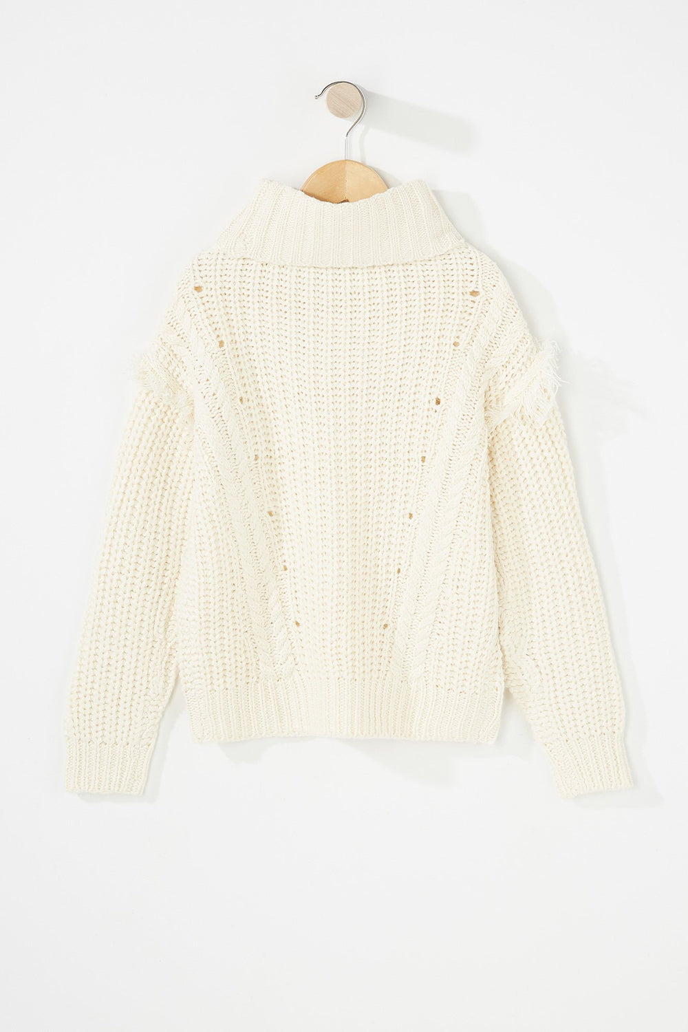 Kids Girls Knit Fringe Popover Turtle Neck Cream