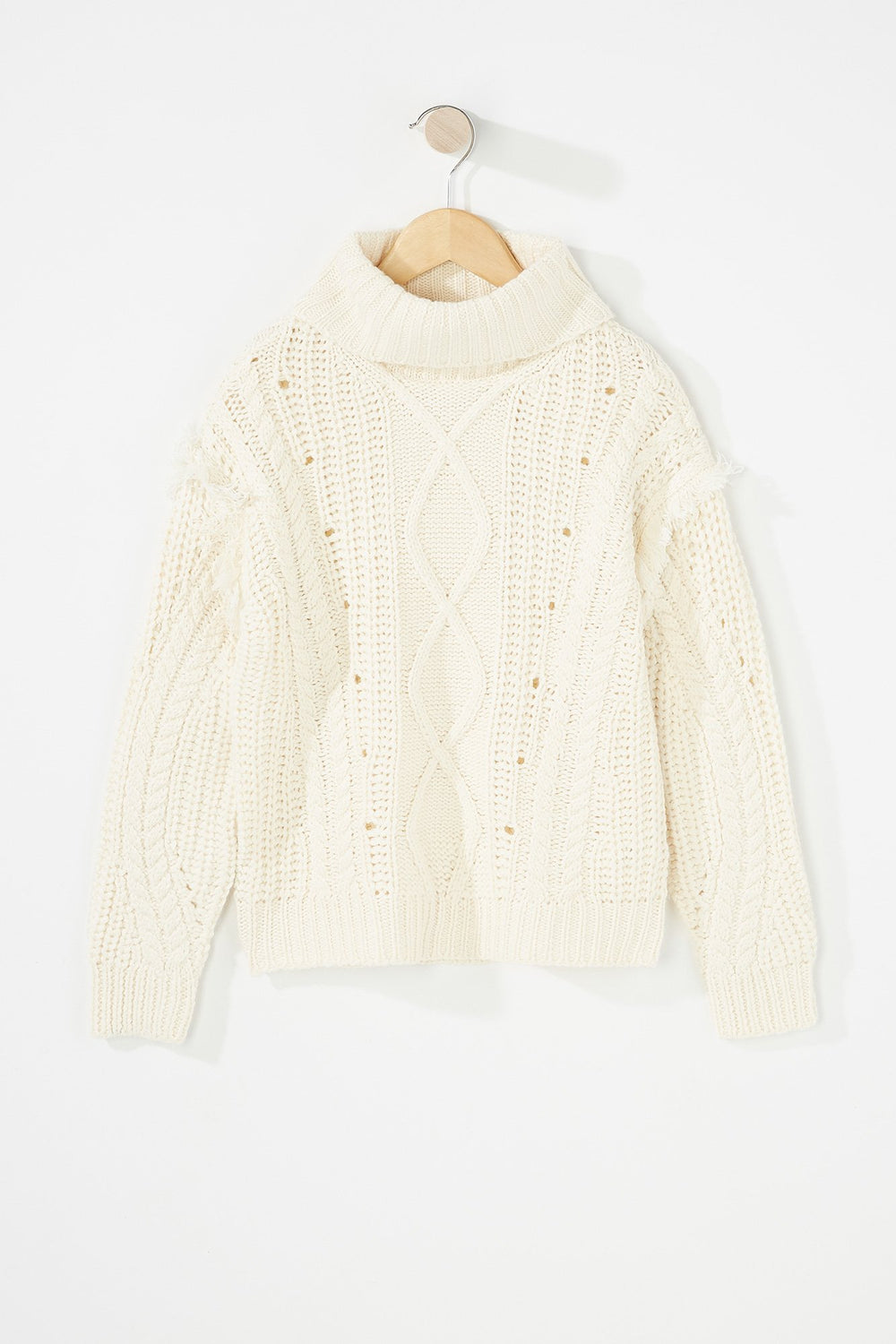 Kids Girls Knit Fringe Popover Turtle Neck Cream