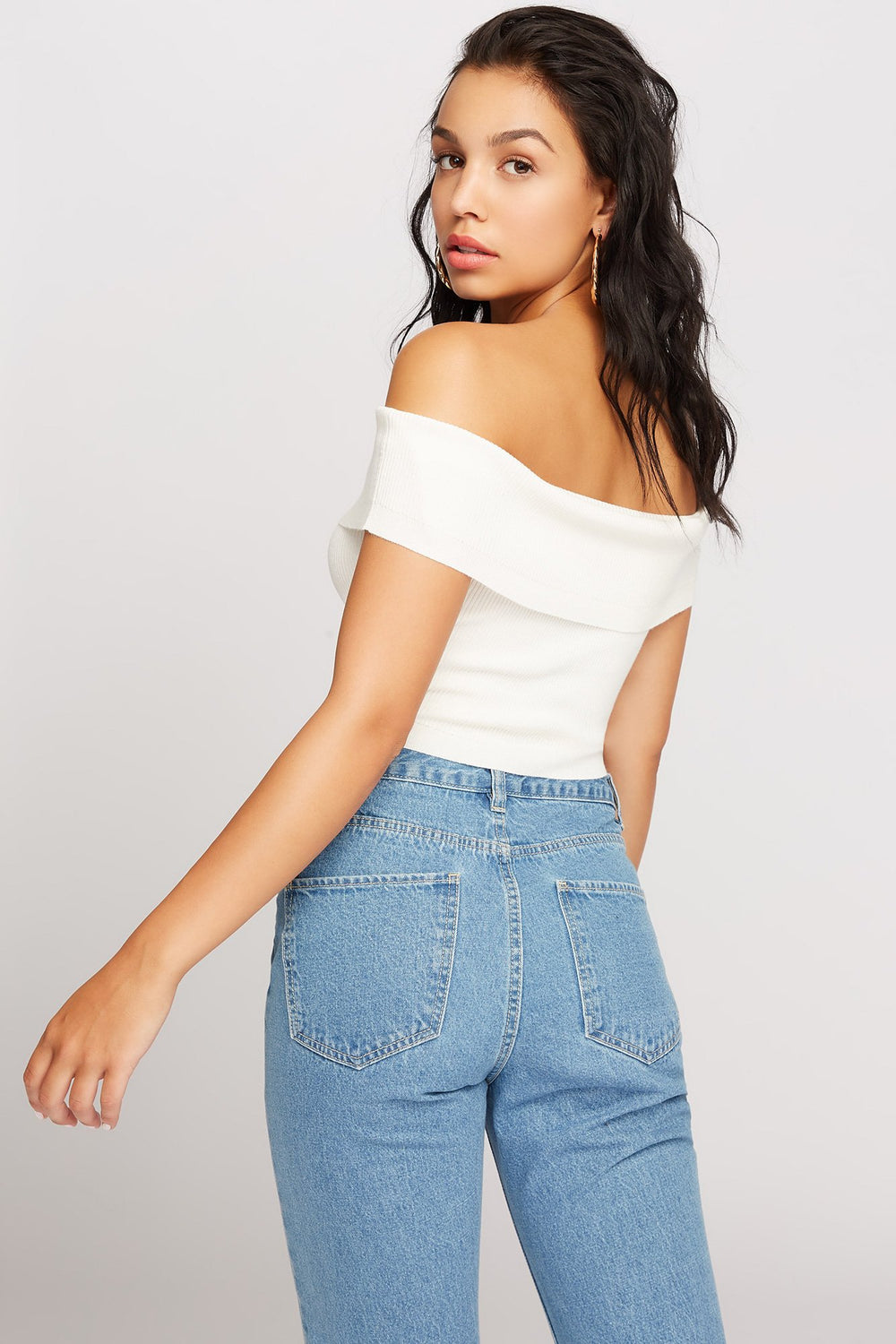 Women Blouse courte côtelée à épaules dénudées Crème