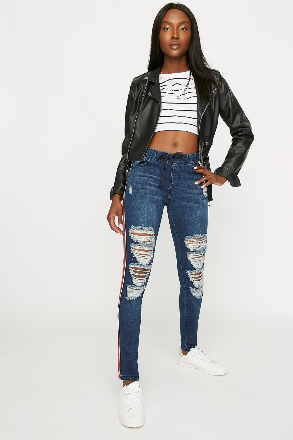 Women Distressed Contrast Side Stripe Drawstring Skinny Jean Dark Blue