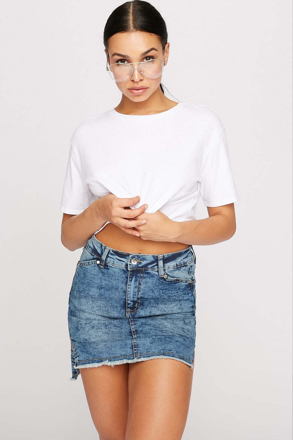 Women Frayed Hem Side Slit Denim Mini Skirt Dark Blue
