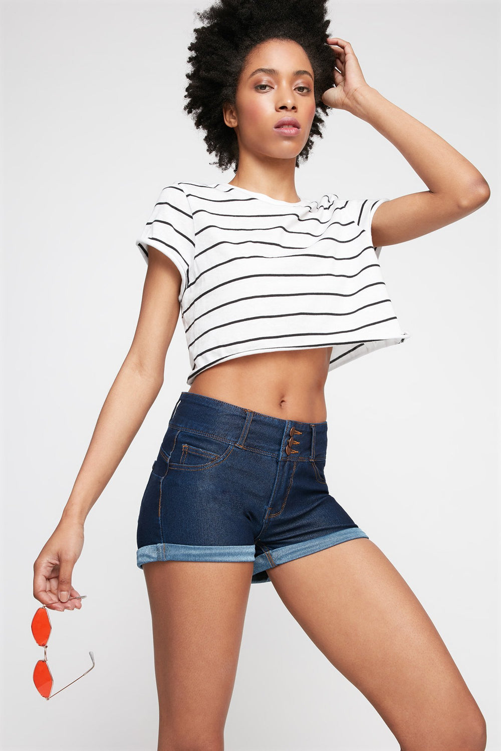 Women 3-Tier Roll-Up Denim Short Dark Blue