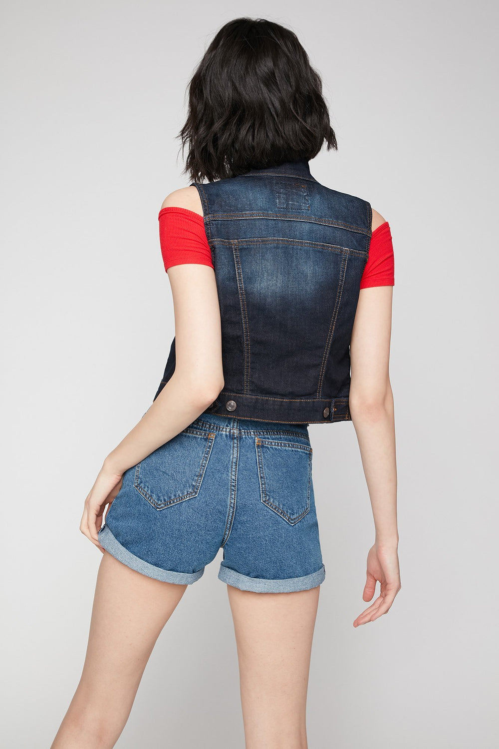 Women Classic Cropped Denim Vest Dark Blue